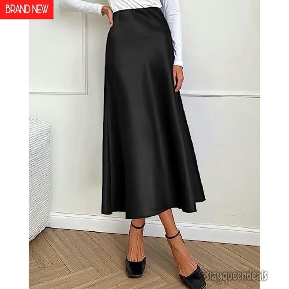 Satin Midi Skirt High Waist Elastic A-Line Cocktail Wedding Party - Picture 6 of 8